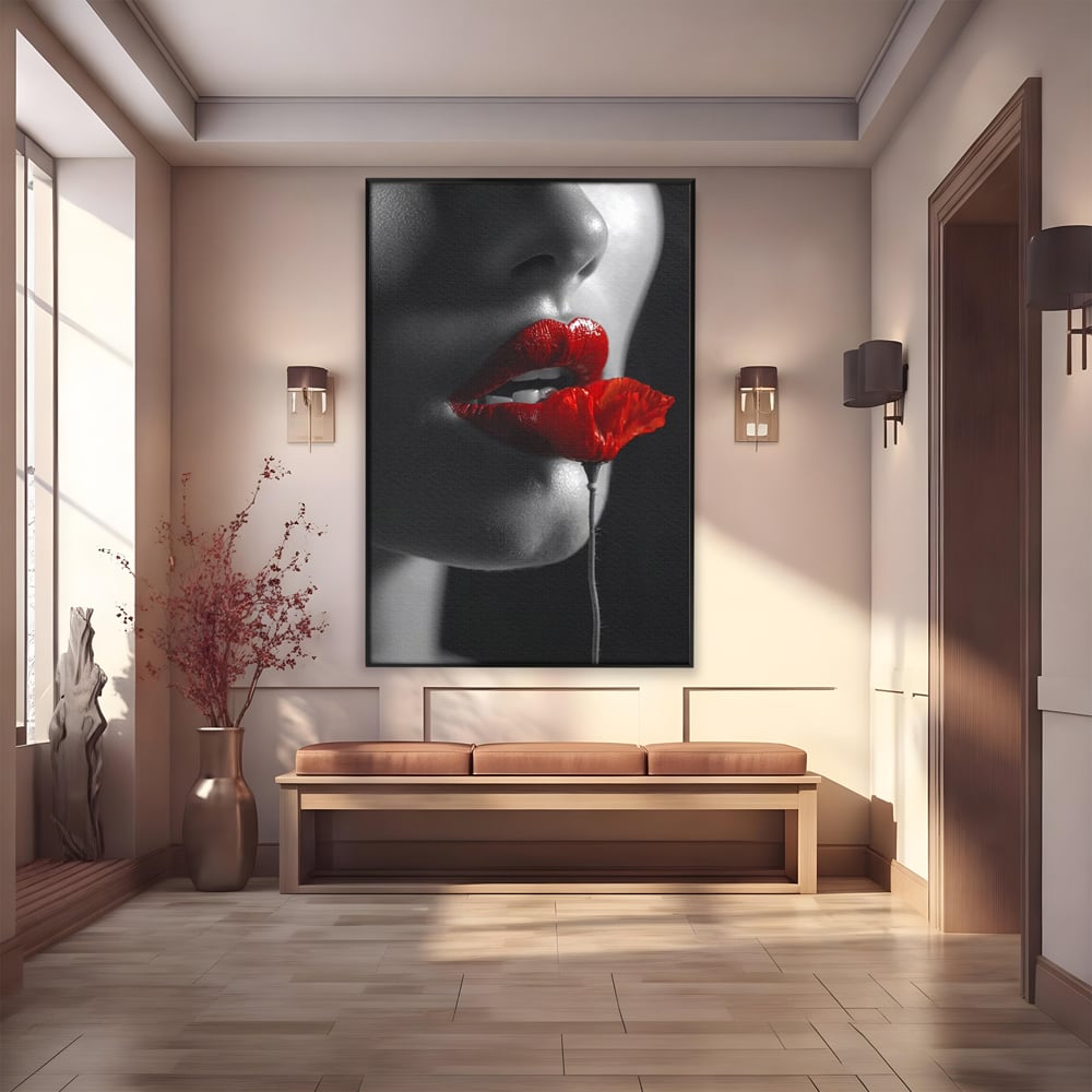 Tablou canvas cu tablou canvas cu buze si mac, in rama de aluminiu negru